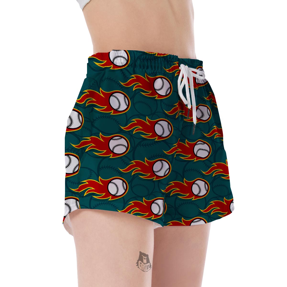 Baseball Fire Pattern Print Women's Shorts-grizzshop