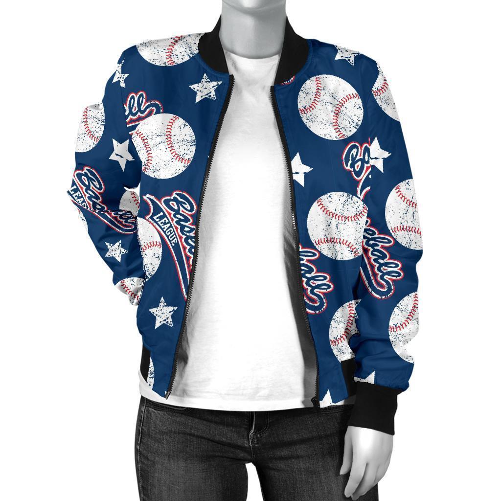 Baseball League Print Pattern Women Casual Bomber Jacket-grizzshop