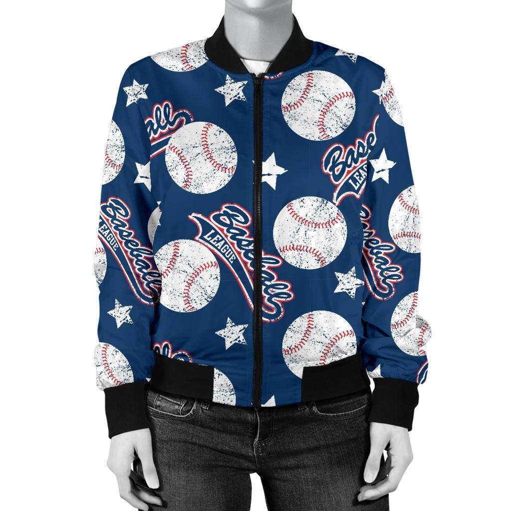 Baseball League Print Pattern Women Casual Bomber Jacket-grizzshop