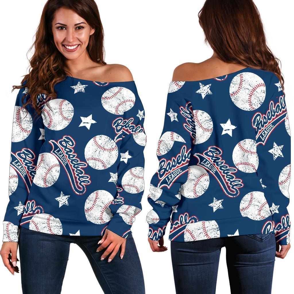 Baseball League Print Pattern Women Off Shoulder Sweatshirt-grizzshop