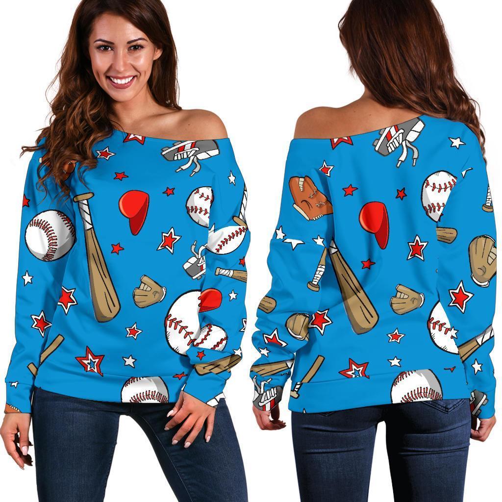 Baseball Pattern Print Women Off Shoulder Sweatshirt-grizzshop