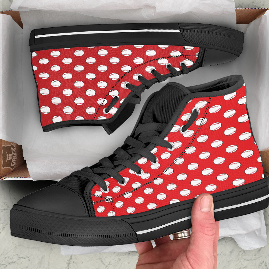 Baseball Red Print Pattern Black High Top Shoes-grizzshop