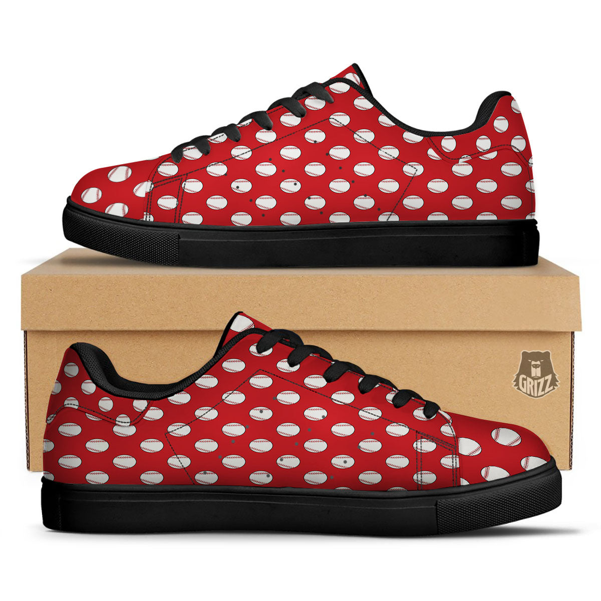 Baseball Red Print Pattern Black Low Top Sneakers-grizzshop
