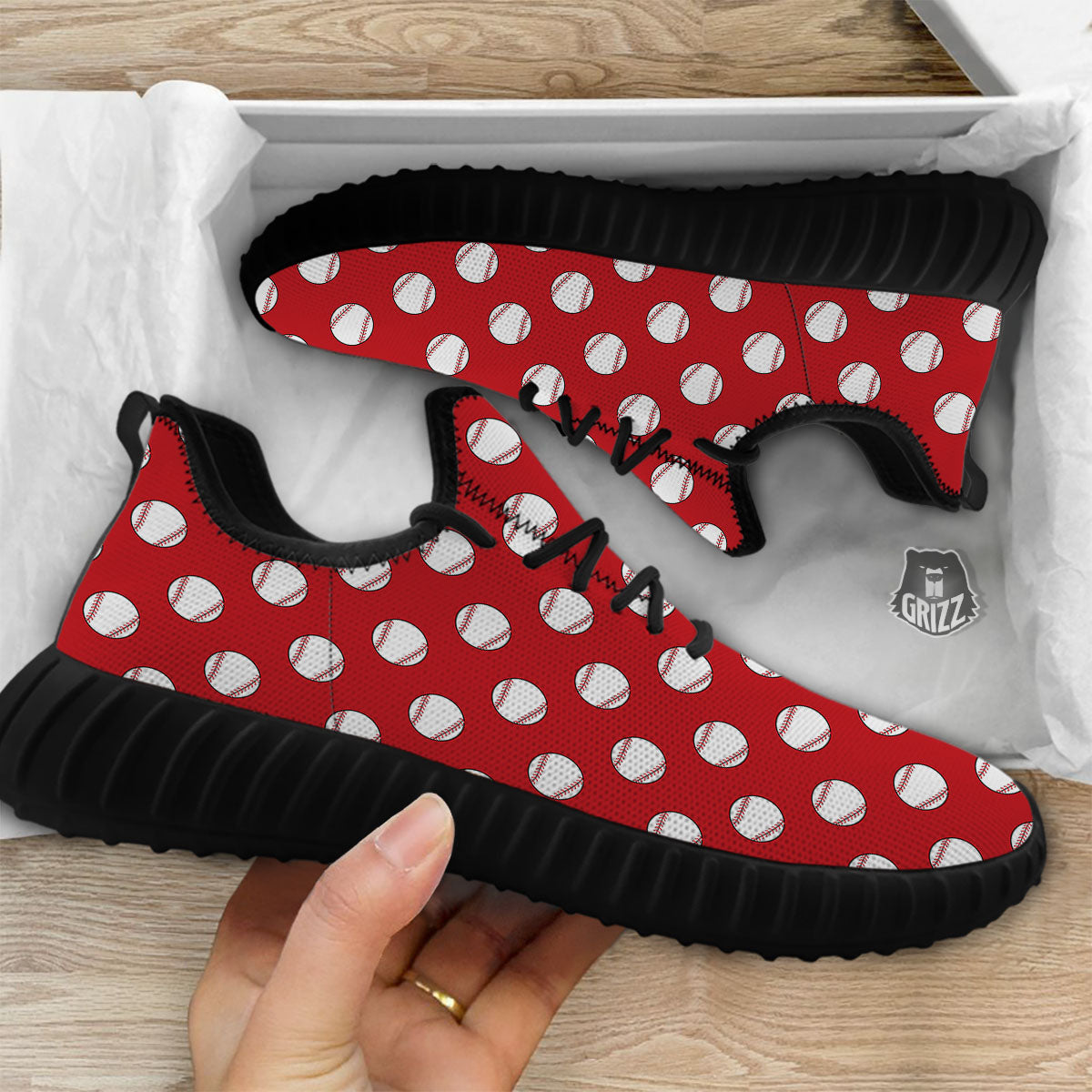Baseball Red Print Pattern Black Walking Shoes-grizzshop