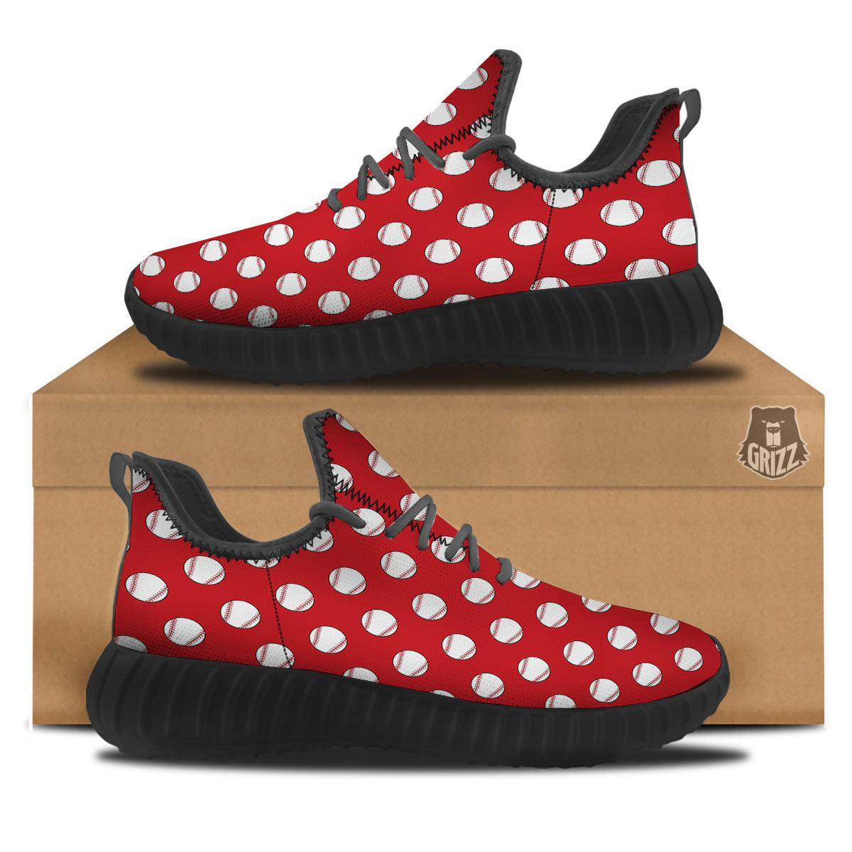 Baseball Red Print Pattern Black Walking Shoes-grizzshop