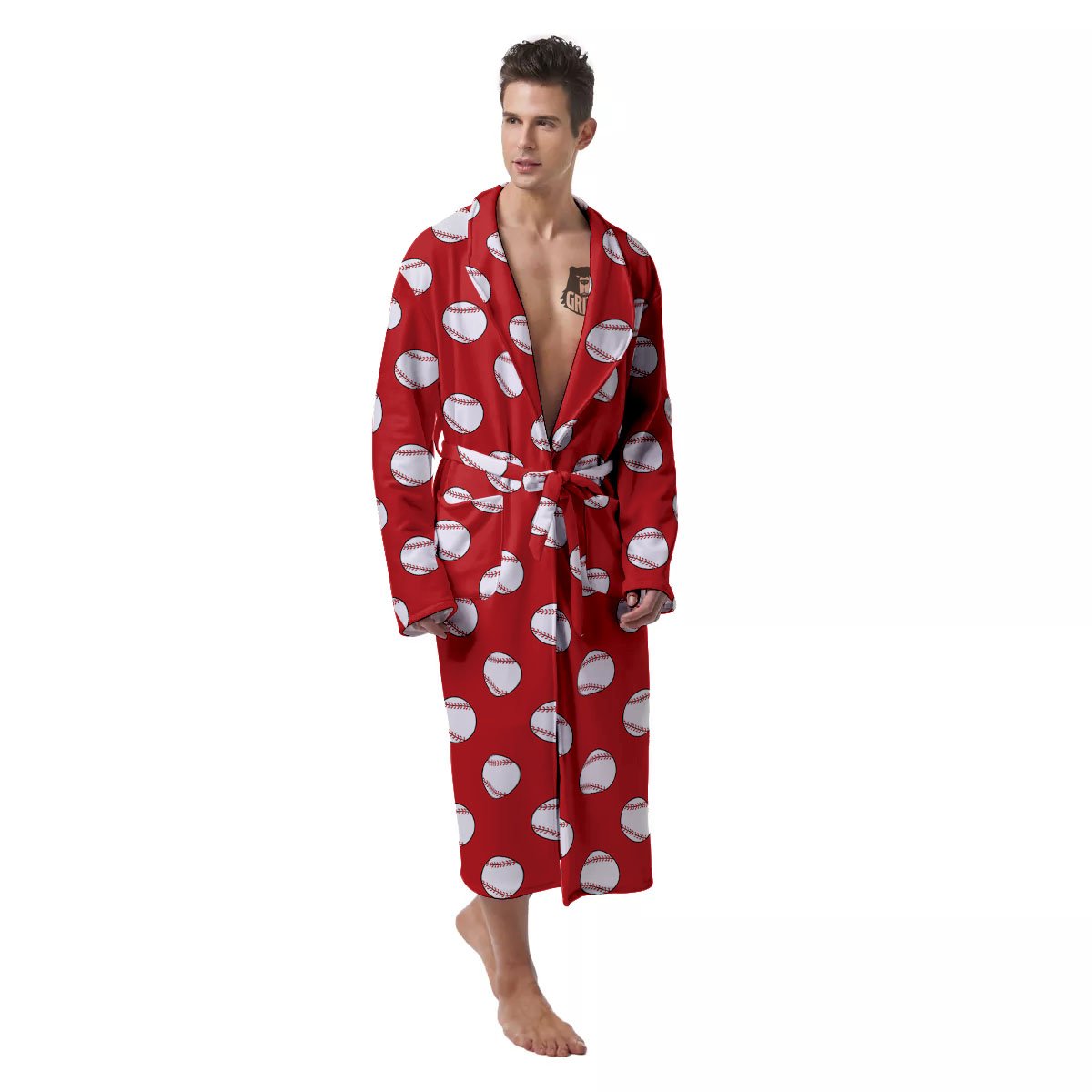 Baseball Red Print Pattern Men's Robe-grizzshop