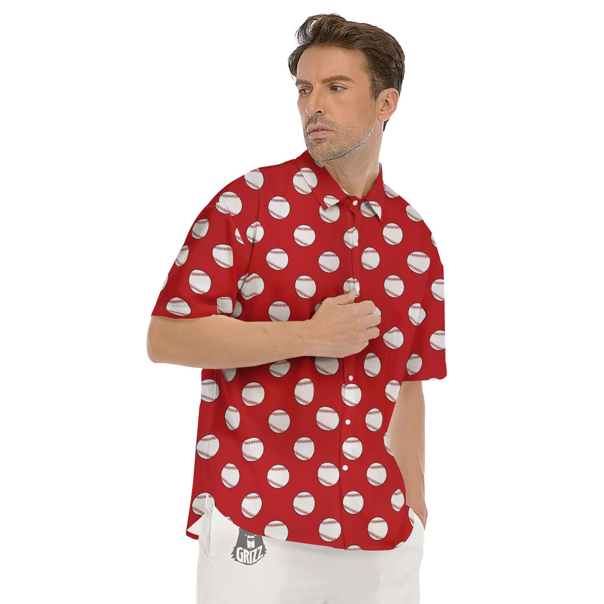 Baseball Red Print Pattern Men's Short Sleeve Shirts-grizzshop