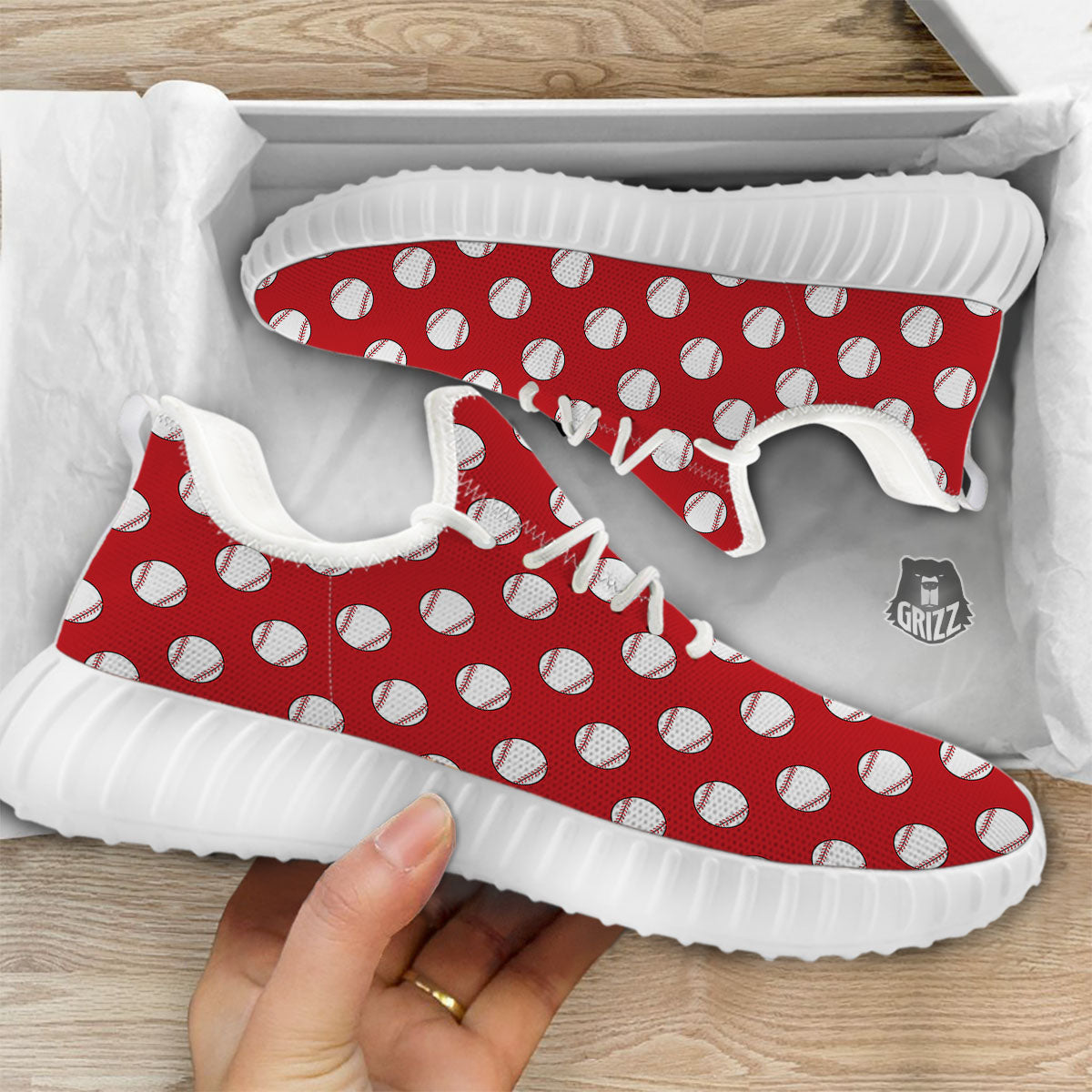 Baseball Red Print Pattern White Walking Shoes-grizzshop