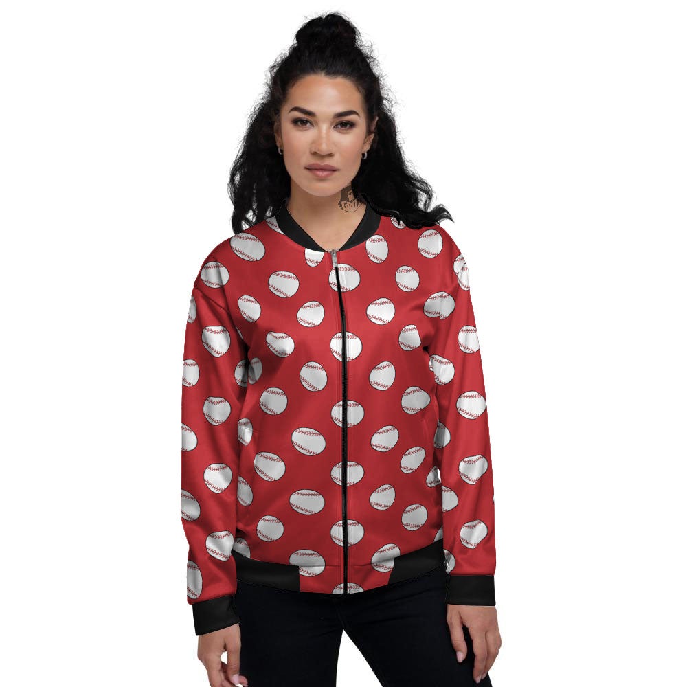 Baseball Red Print Pattern Women's Bomber Jacket-grizzshop
