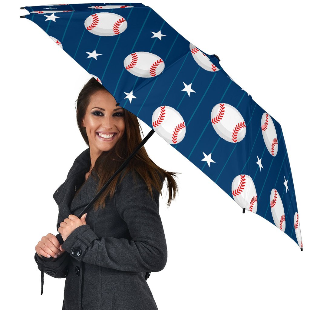 Baseball Star Pattern Print Automatic Foldable Umbrella-grizzshop