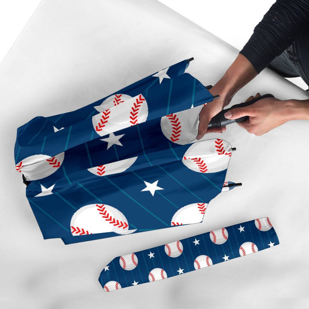 Baseball Star Pattern Print Automatic Foldable Umbrella-grizzshop