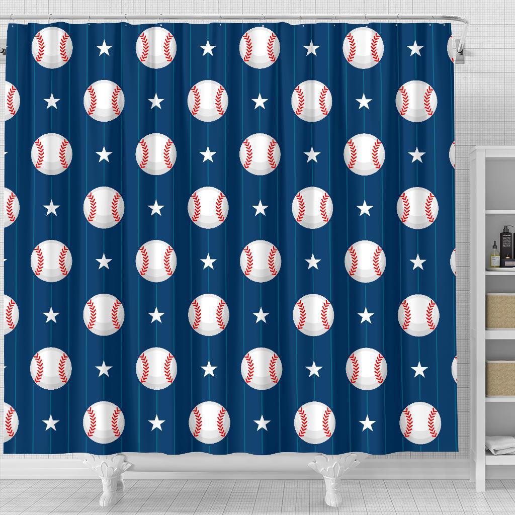 Baseball Star Pattern Print Bathroom Shower Curtain-grizzshop