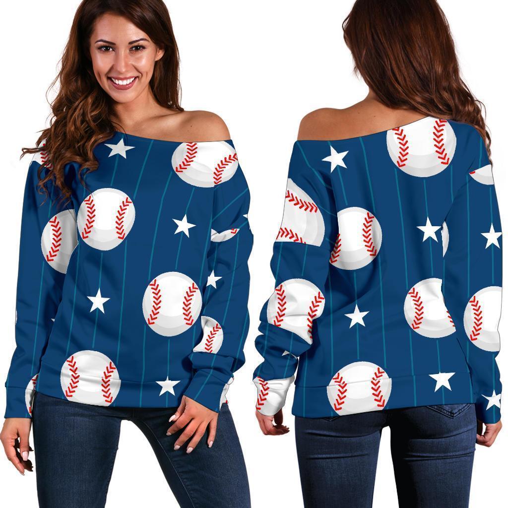 Baseball Star Pattern Print Women Off Shoulder Sweatshirt-grizzshop