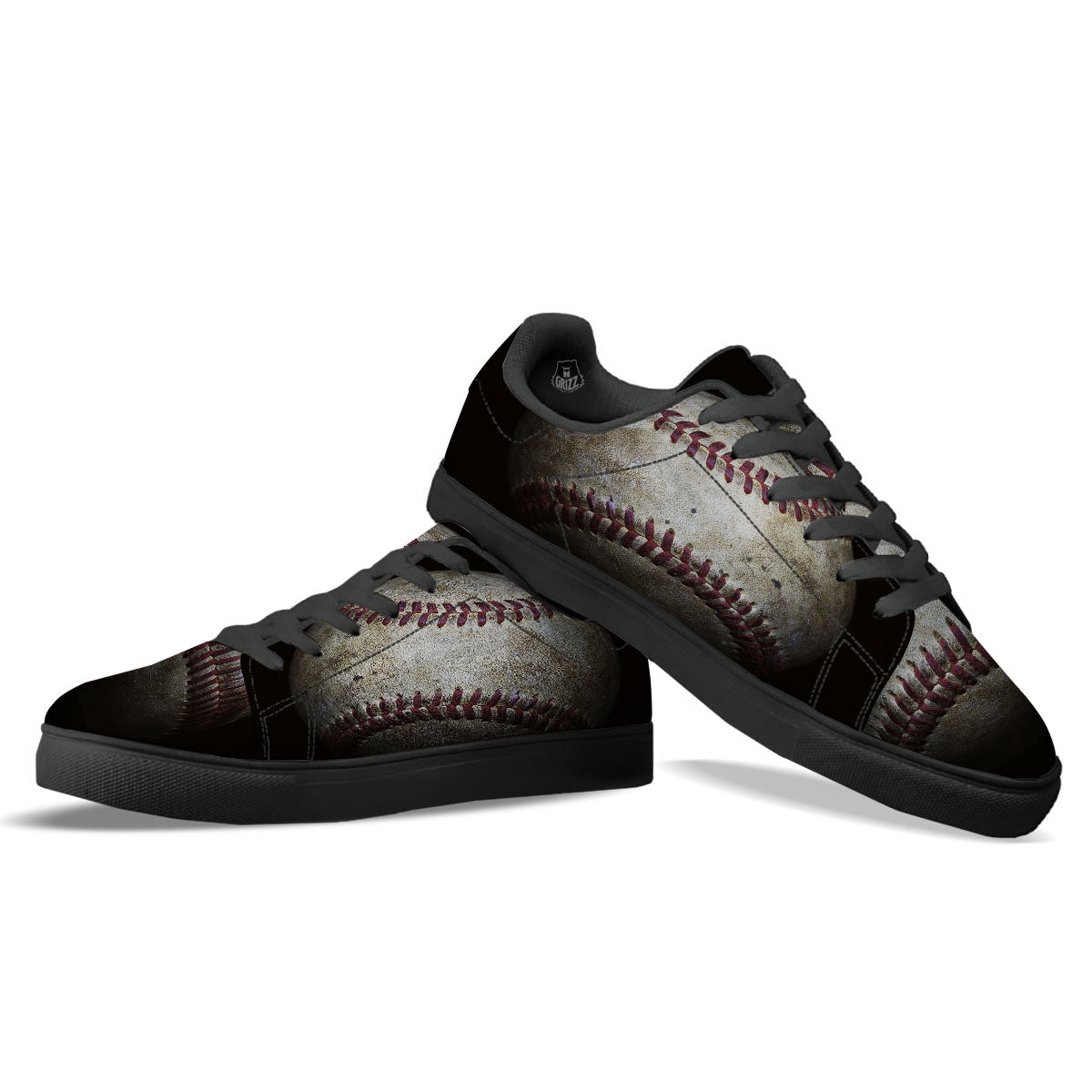 Baseballs Grunge Print Black Low Top Sneakers-grizzshop