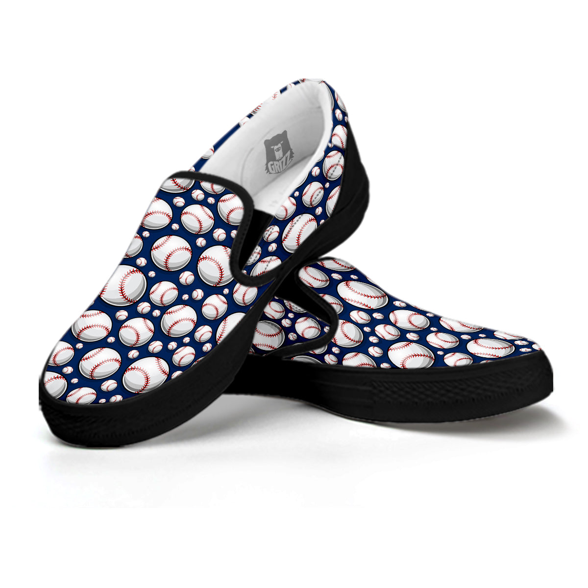 Baseballs Print Pattern Black Slip On Shoes-grizzshop