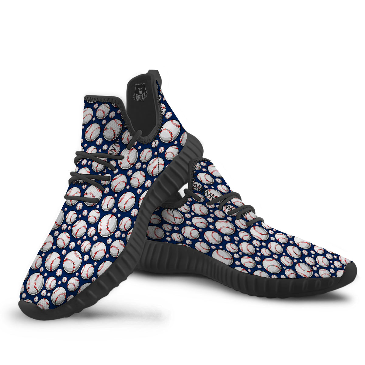 Baseballs Print Pattern Black Walking Shoes-grizzshop