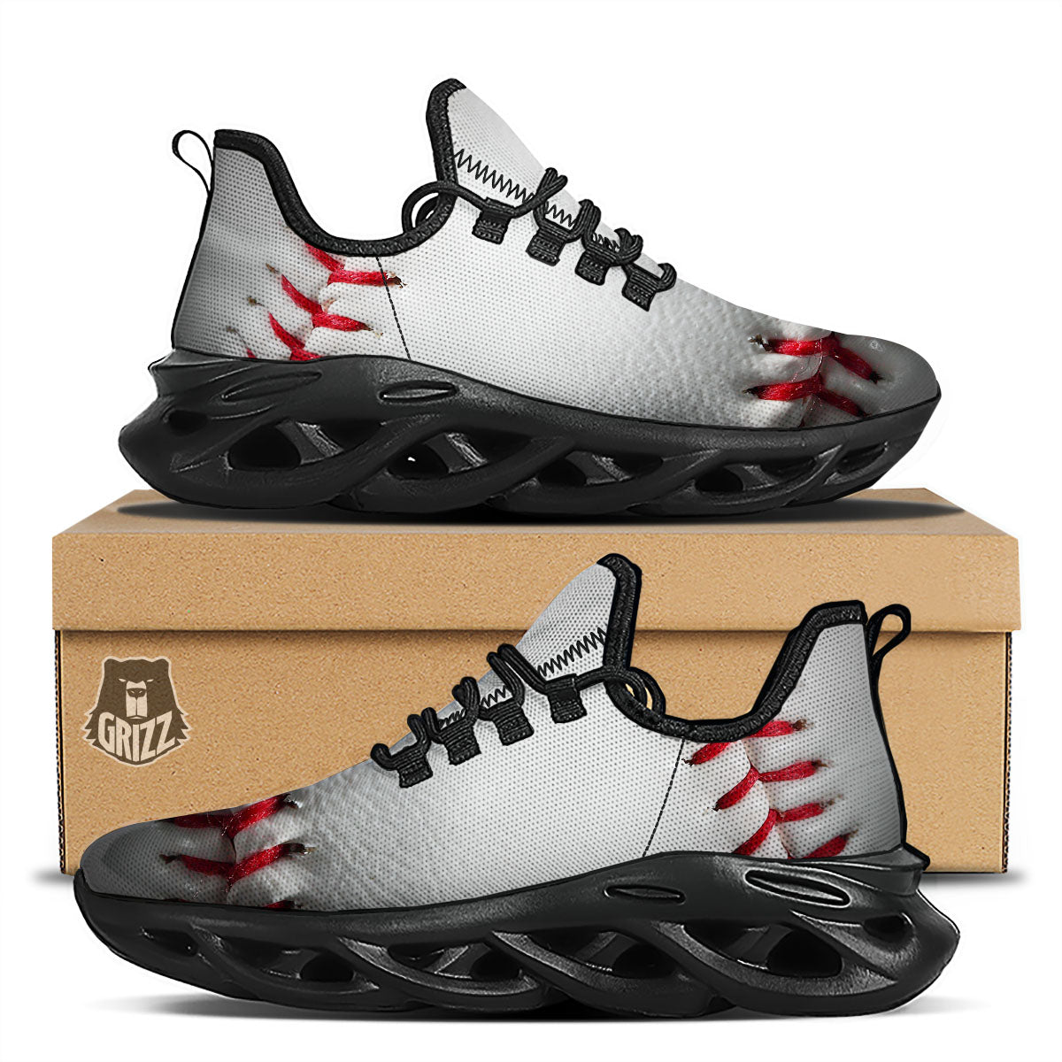 Baseballs Texture Print Black Running Shoes-grizzshop