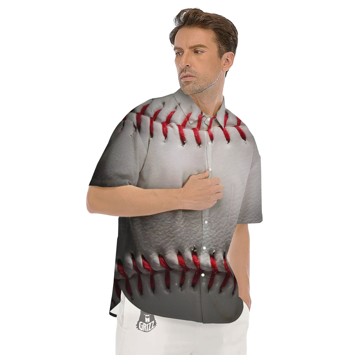 Baseballs Texture Print Men's Short Sleeve Shirts-grizzshop