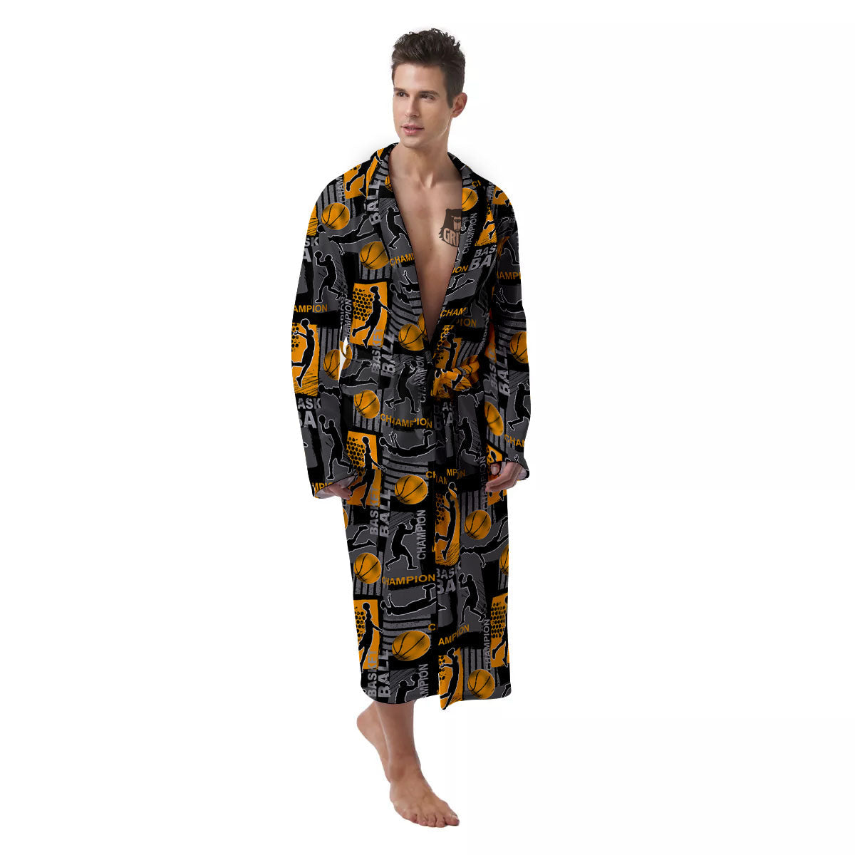 Basketball Black Yellow Print Pattern Men's Robe-grizzshop