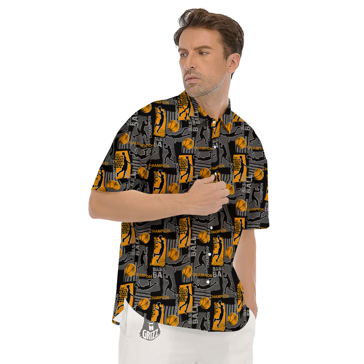 Basketball Black Yellow Print Pattern Men's Short Sleeve Shirts-grizzshop