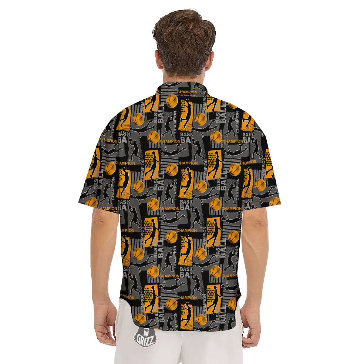 Basketball Black Yellow Print Pattern Men's Short Sleeve Shirts-grizzshop