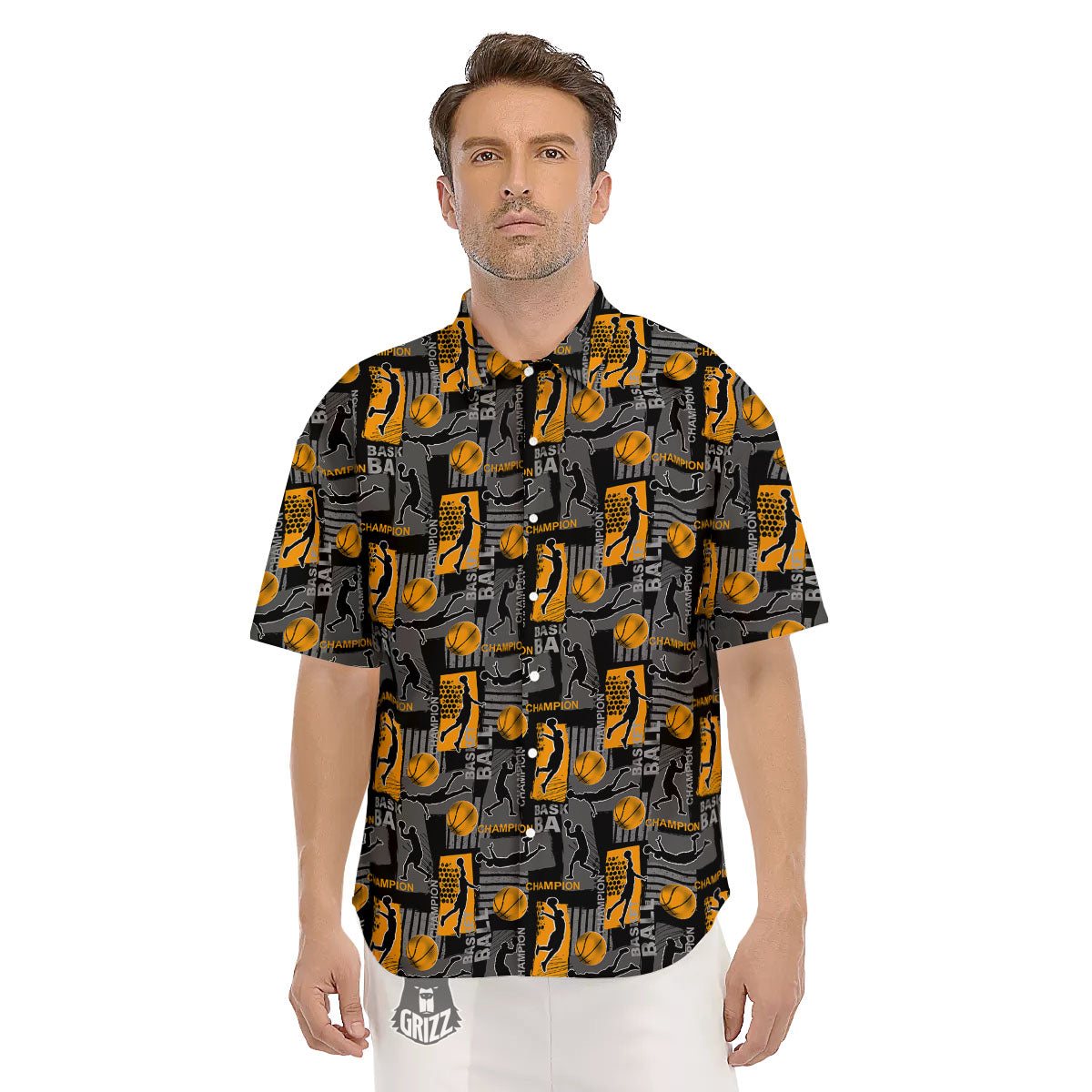 Basketball Black Yellow Print Pattern Men's Short Sleeve Shirts-grizzshop