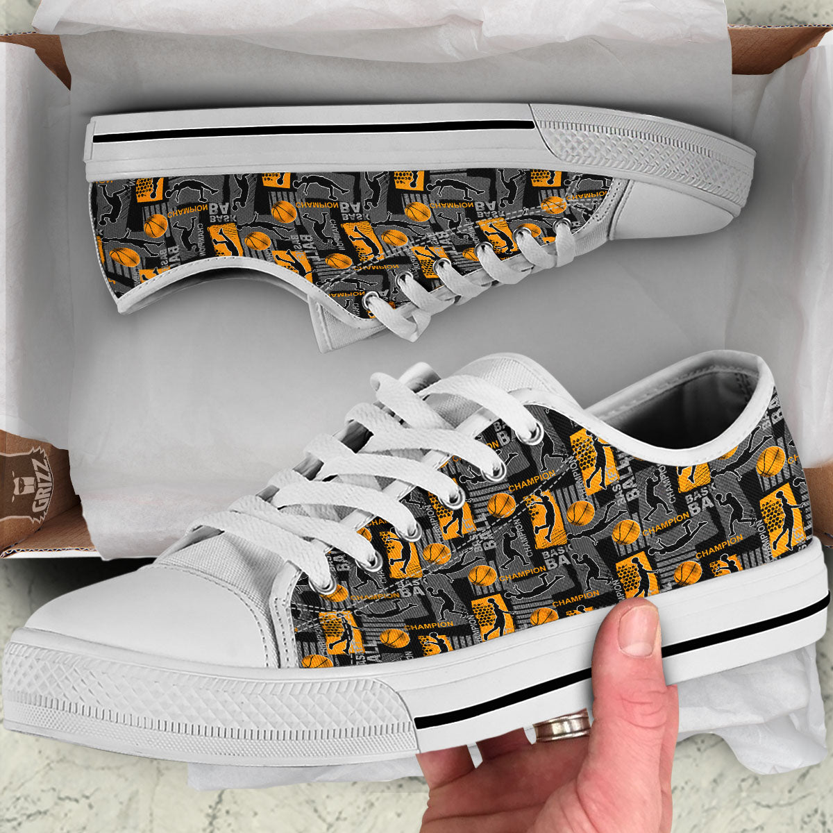 Basketball Black Yellow Print Pattern White Low Top Shoes-grizzshop