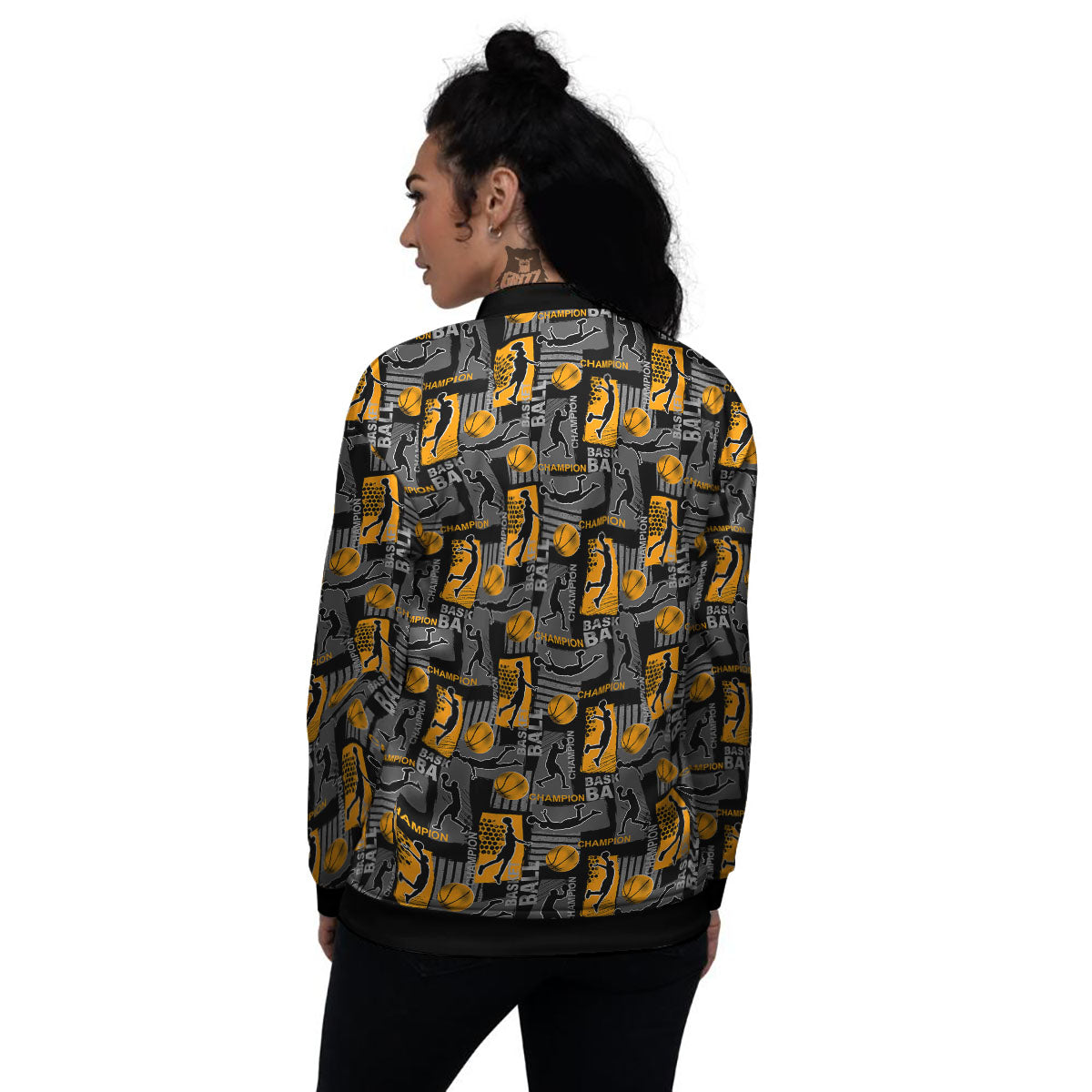 Basketball Black Yellow Print Pattern Women's Bomber Jacket-grizzshop