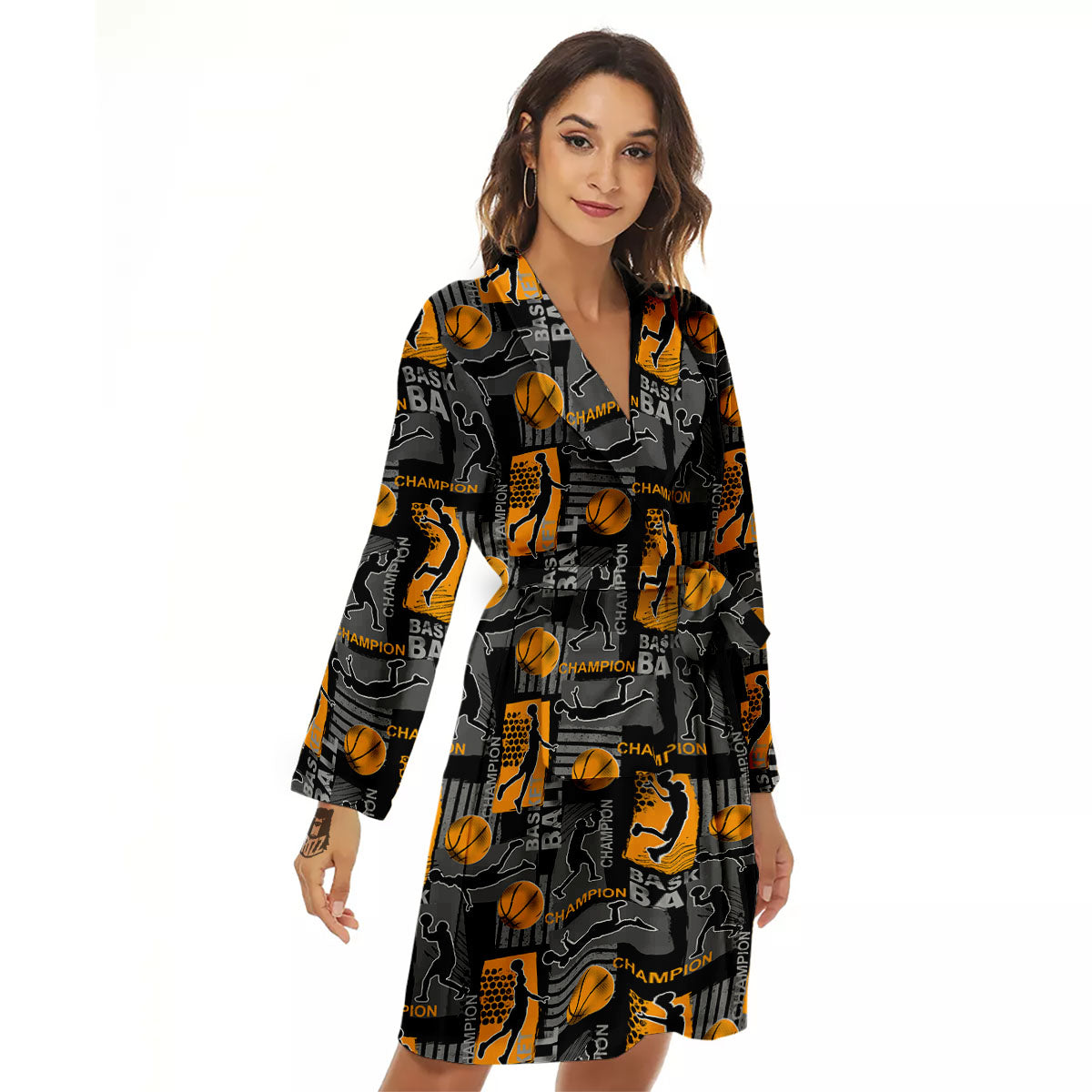 Basketball Black Yellow Print Pattern Women's Robe-grizzshop