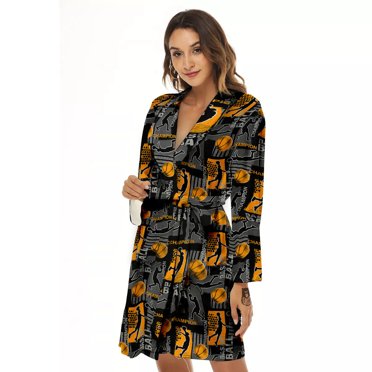 Basketball Black Yellow Print Pattern Women's Robe-grizzshop