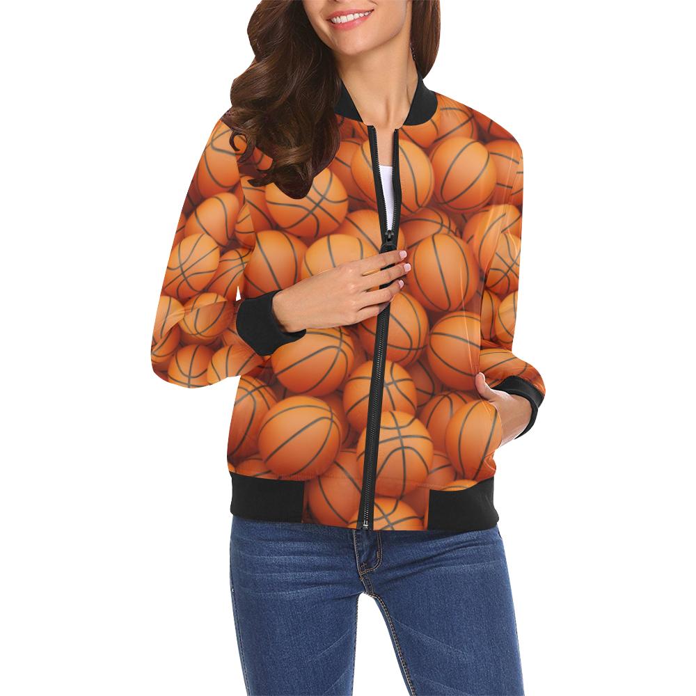 Basketball Pattern Print Women Casual Bomber Jacket-grizzshop