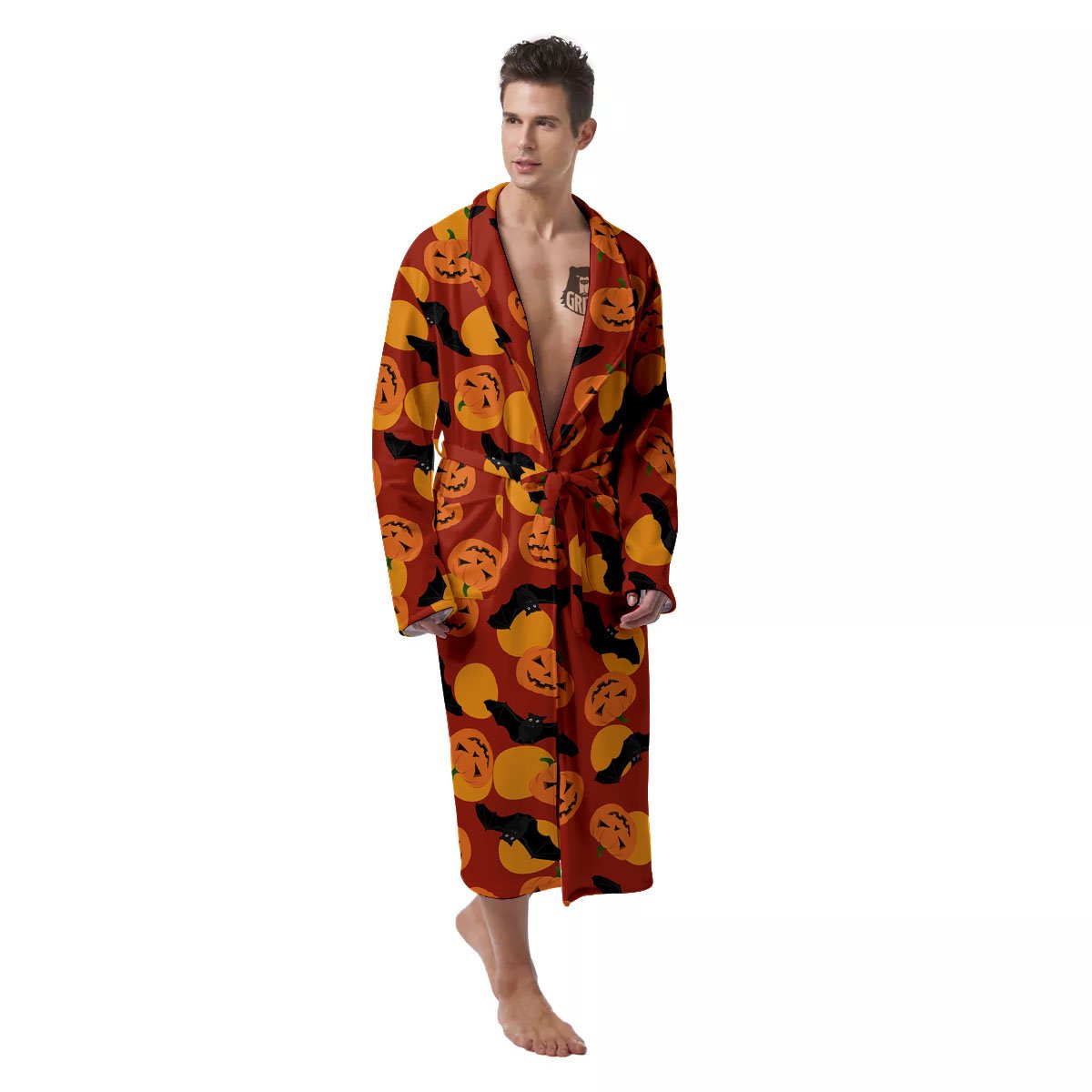 Bat And Pumpkin Halloween Print Pattern Men's Robe-grizzshop