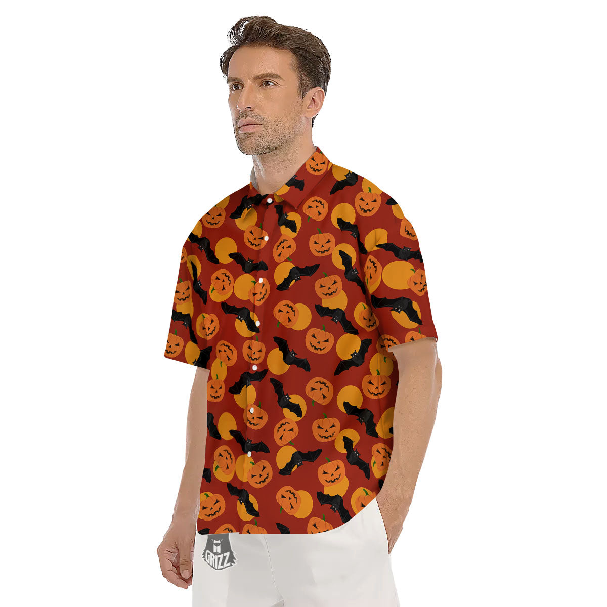 Bat And Pumpkin Halloween Print Pattern Men's Short Sleeve Shirts-grizzshop