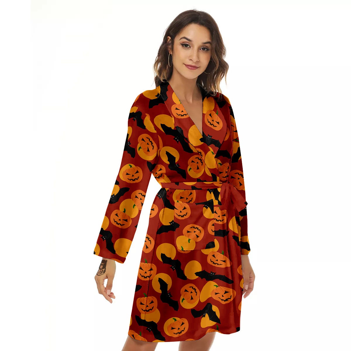 Bat And Pumpkin Halloween Print Pattern Women's Robe-grizzshop