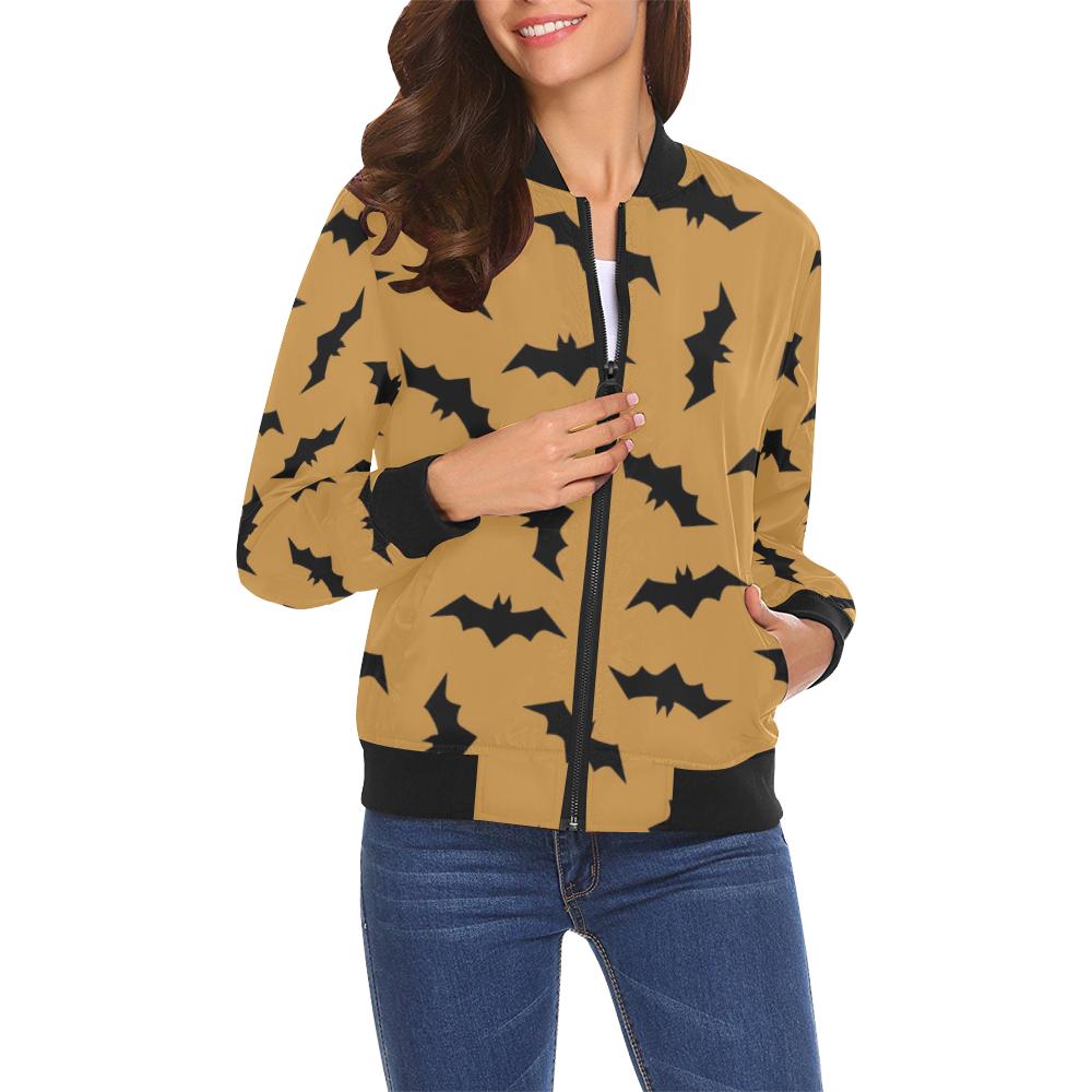 Bat Halloween Pattern Print Women Casual Bomber Jacket-grizzshop