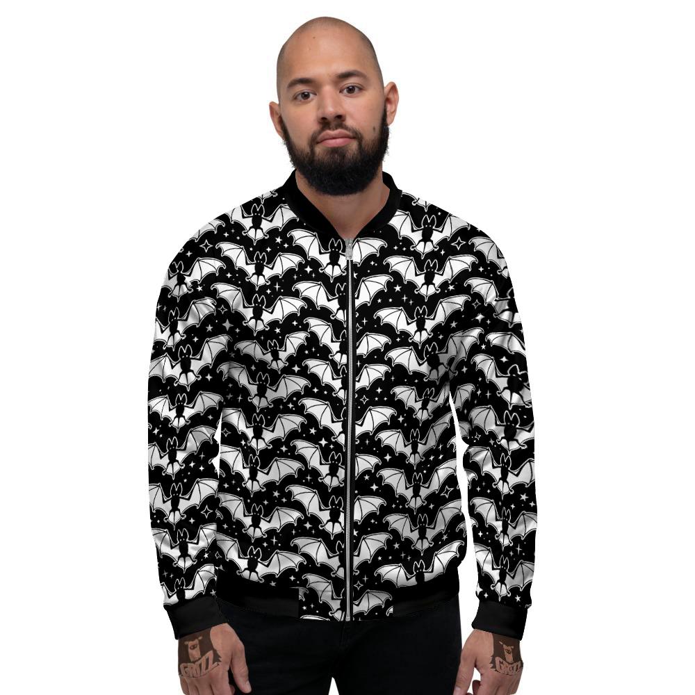 Bat Halloween White And Black Print Pattern Men's Bomber Jacket-grizzshop