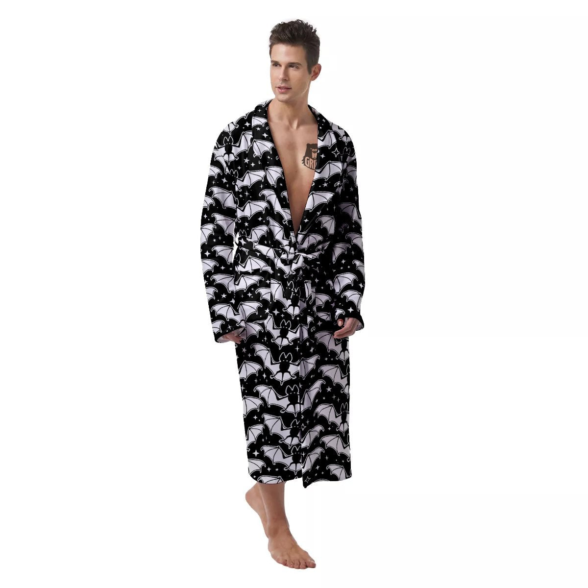 Bat Halloween White And Black Print Pattern Men's Robe-grizzshop