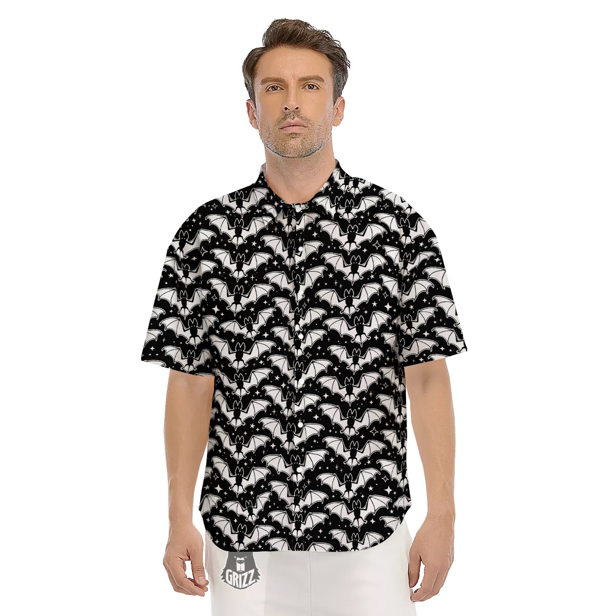 Bat Halloween White And Black Print Pattern Men's Short Sleeve Shirts-grizzshop