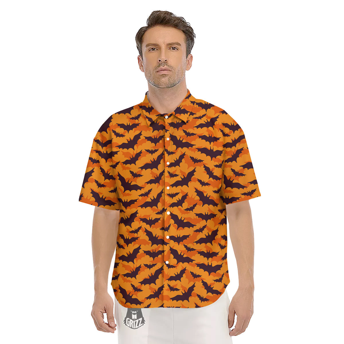 Bats Black And Orange Print Pattern Men's Short Sleeve Shirts-grizzshop