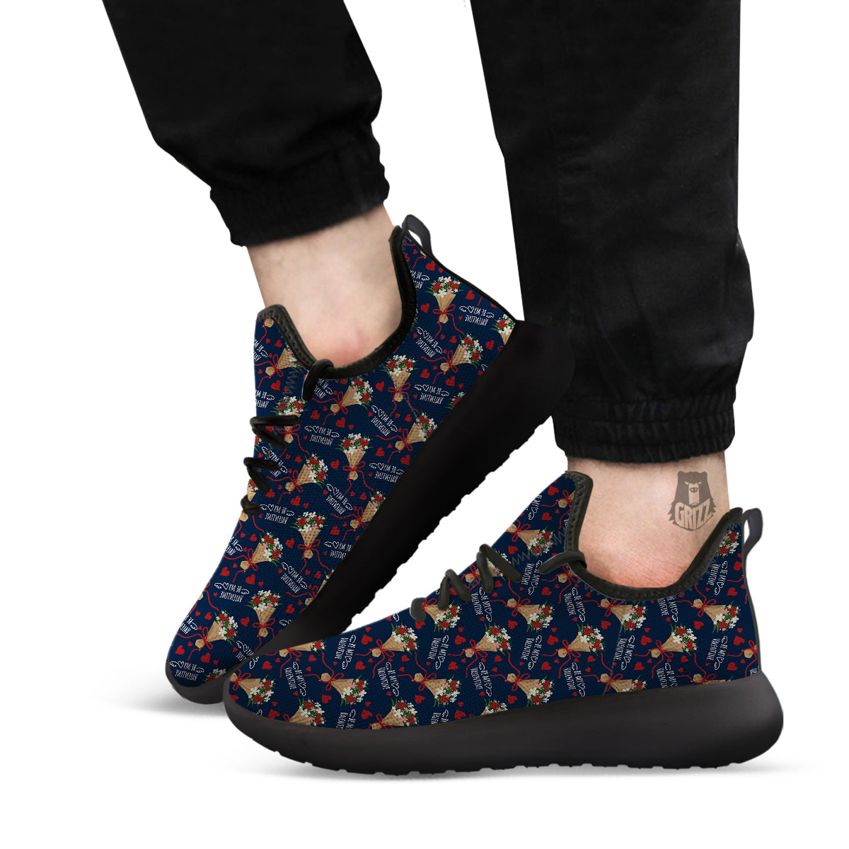 Be My Valentine Floral Print Pattern Black Athletic Shoes-grizzshop