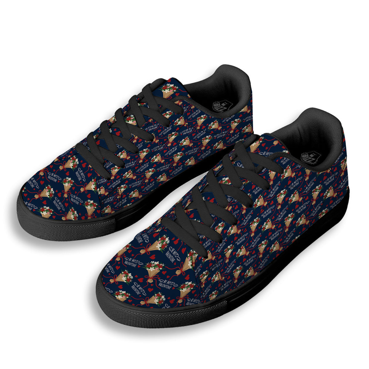 Be My Valentine Floral Print Pattern Black Low Top Sneakers-grizzshop