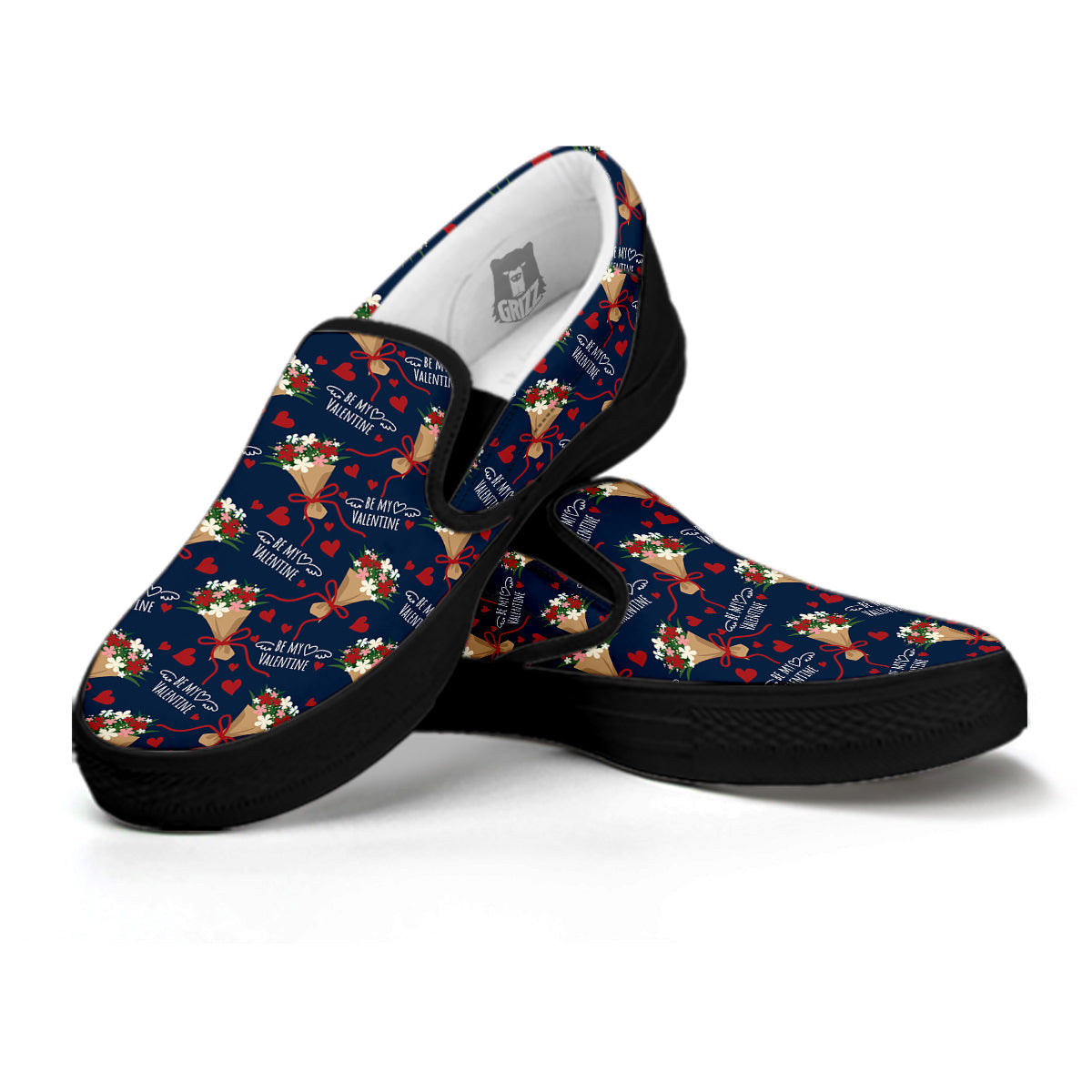Be My Valentine Floral Print Pattern Black Slip On Shoes-grizzshop