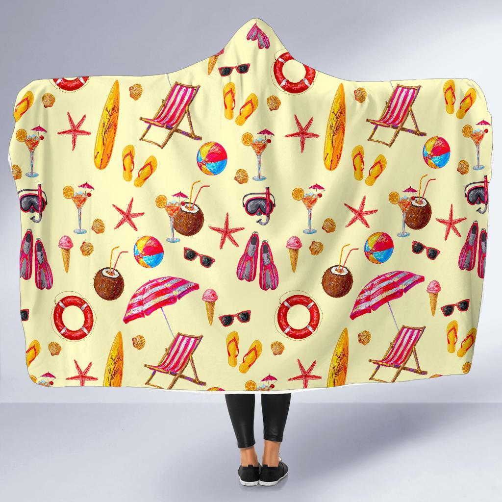 Beach Pattern Print Hooded Blanket-grizzshop