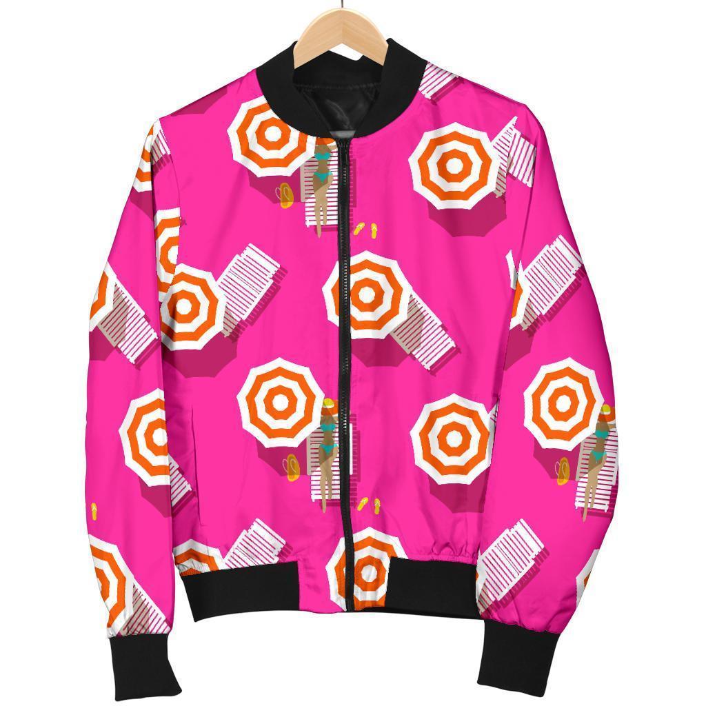 Beach Pink Pattern Print Women Casual Bomber Jacket-grizzshop