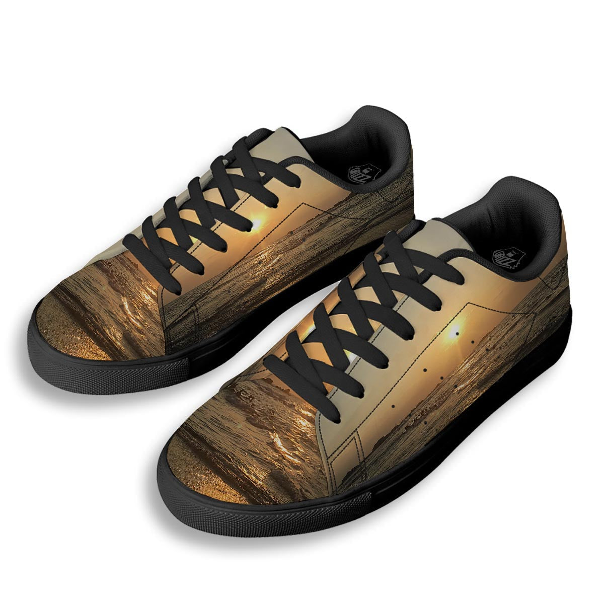 Beach Sunrise Print Black Low Top Sneakers-grizzshop