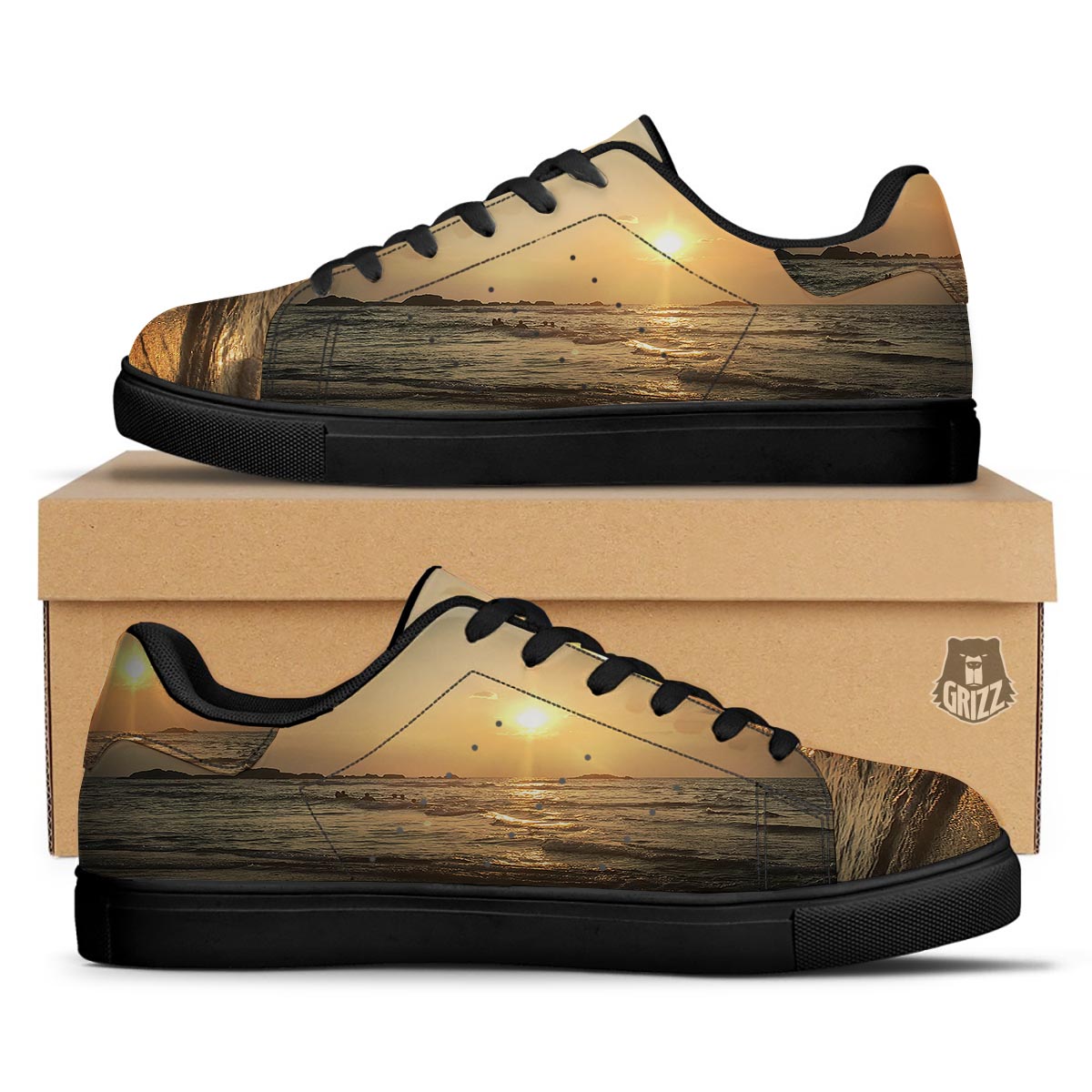 Beach Sunrise Print Black Low Top Sneakers-grizzshop