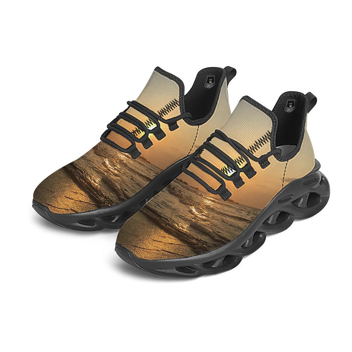 Beach Sunrise Print Black Running Shoes-grizzshop