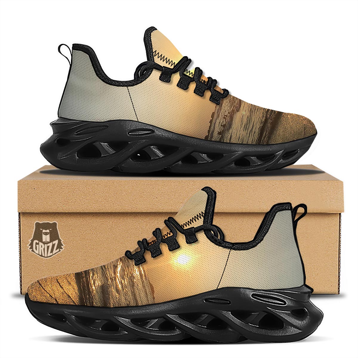 Beach Sunrise Print Black Running Shoes-grizzshop