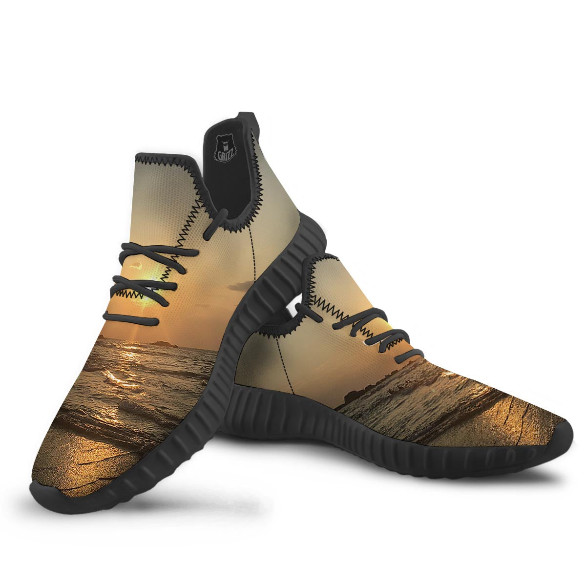 Beach Sunrise Print Black Walking Shoes-grizzshop