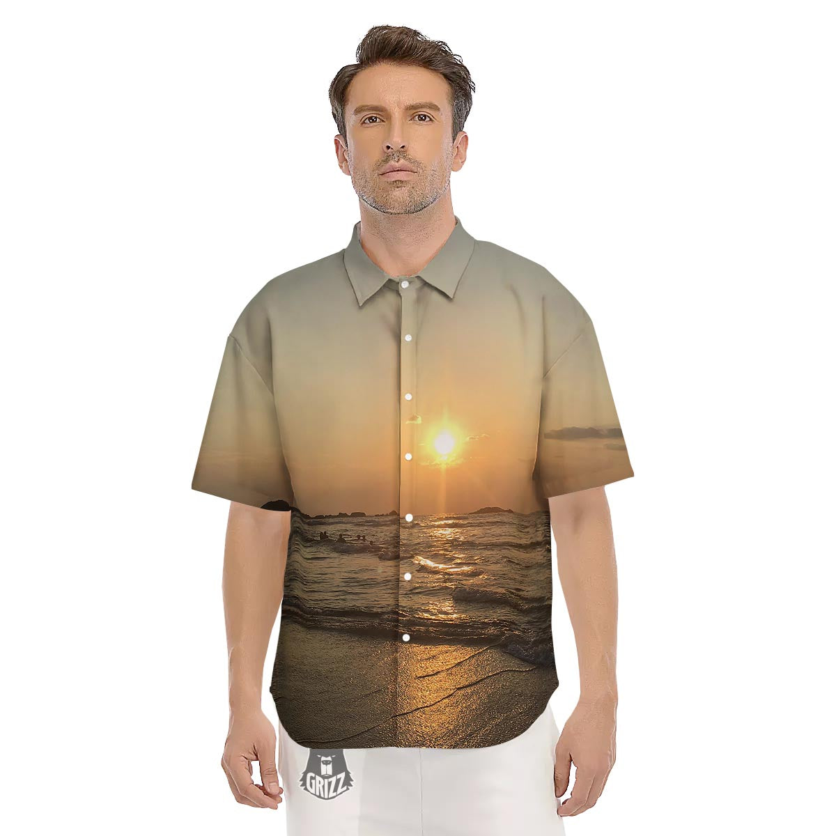 Beach Sunrise Print Men's Short Sleeve Shirts-grizzshop